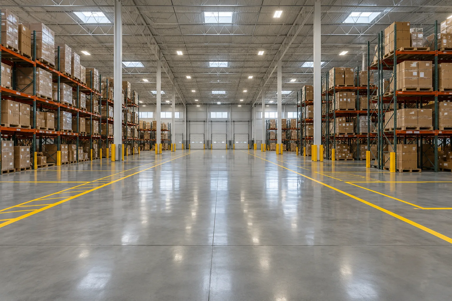 Wide warehouse floor in gray epoxy with yellow aisle striping running between tall racks of boxed stock