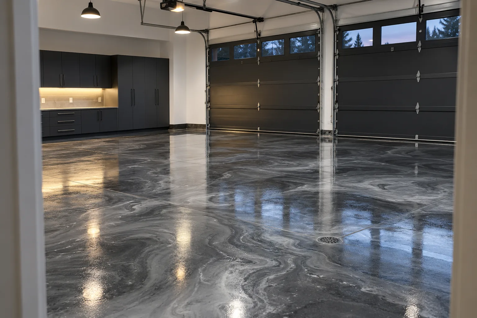 Four-car garage floor in charcoal and silver metallic epoxy with swirling poured-stone marbling and a high-gloss finish