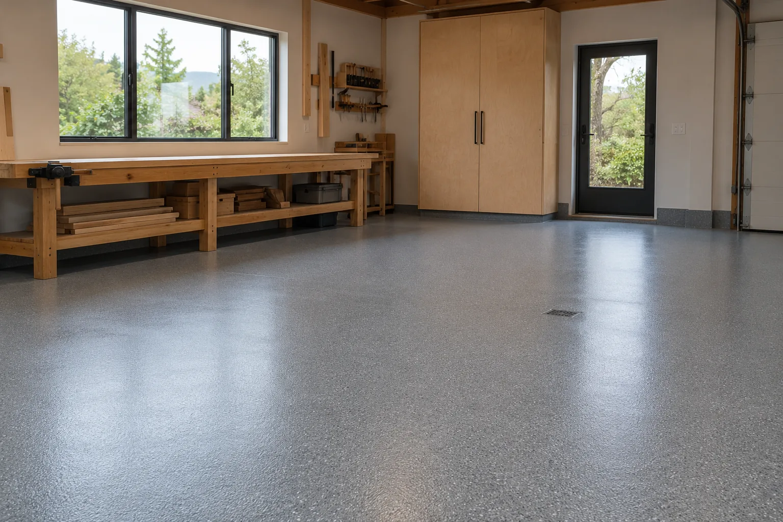 Detached woodshop with a medium gray grit-textured epoxy floor, a wood workbench and a window onto trees