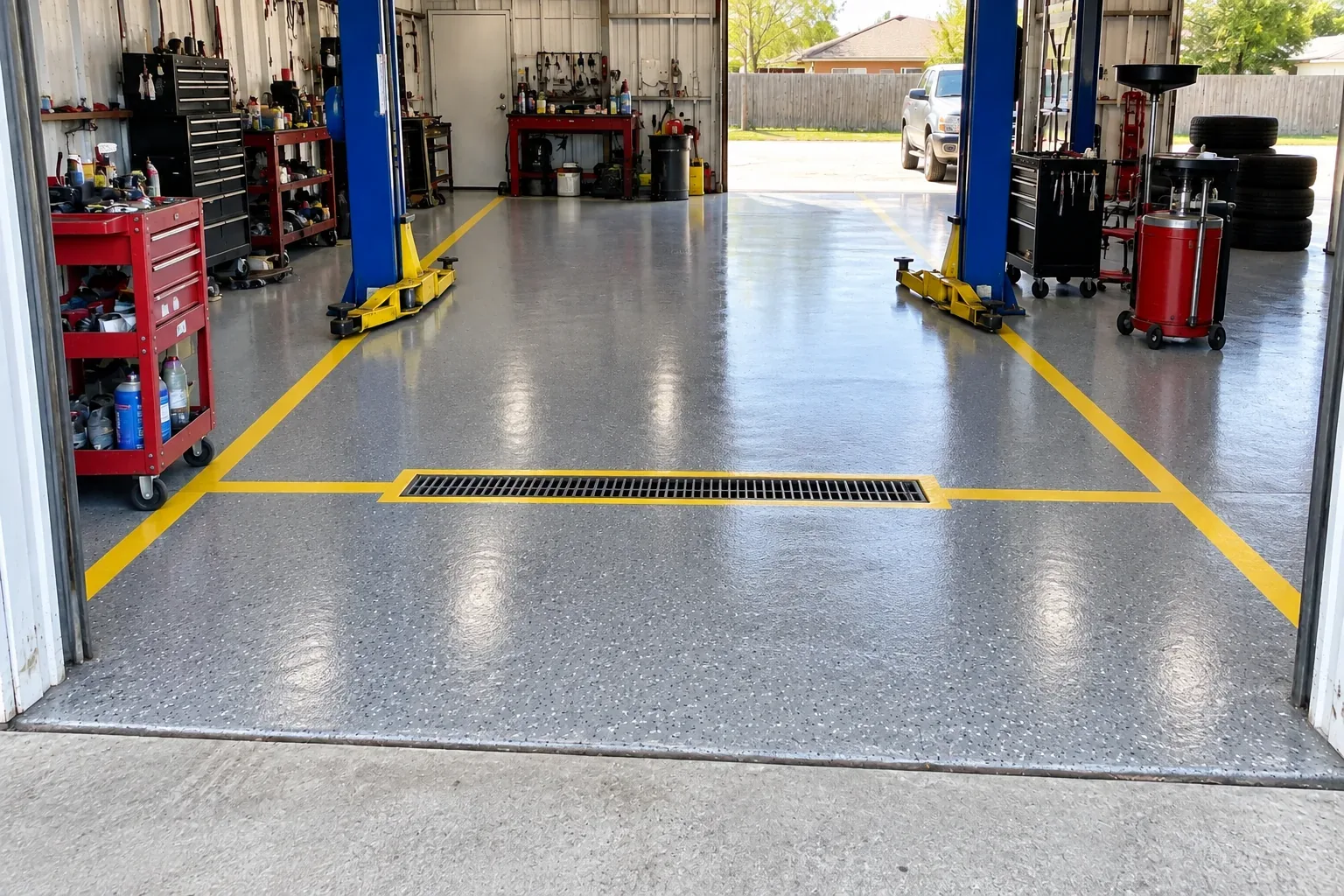 The same Riverside auto shop after epoxy: a grey coated floor with yellow lines around the trench drain