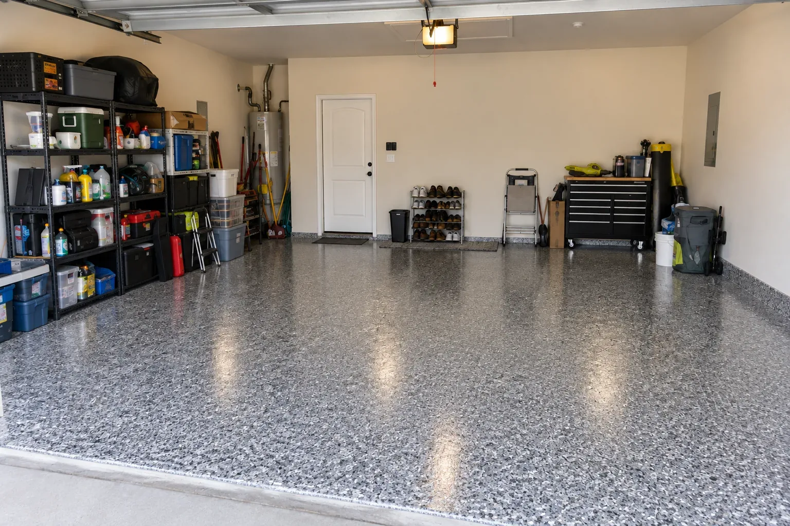 The same Riverside garage after epoxy: a glossy grey flake floor with the same shelving and tool chest